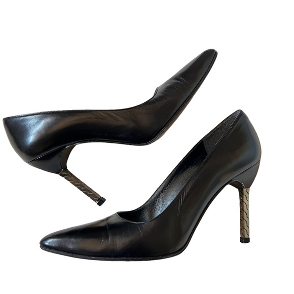 Stuart Weitzman / SZ 7.5 B/ Black Leather Pumps / Gun Metal Heel - Picture 1 of 4